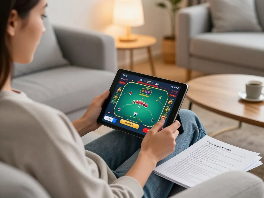 Engage in spin aud gaming on tablet at home with strategic notes and cozy atmosphere.