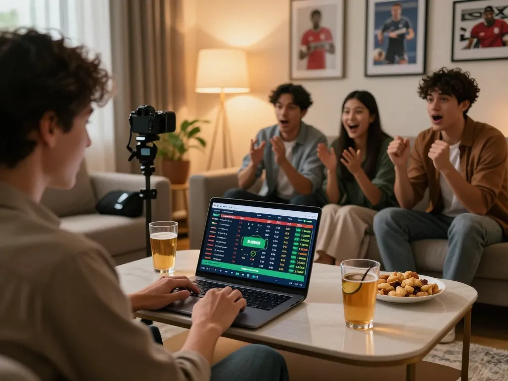 KJC member placing sports bets while enjoying a cozy home atmosphere with friends.