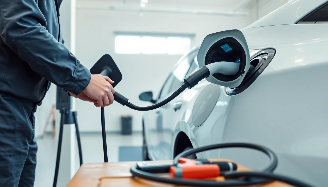 McNally EV technician installing a home electric vehicle charger in a bright garage.