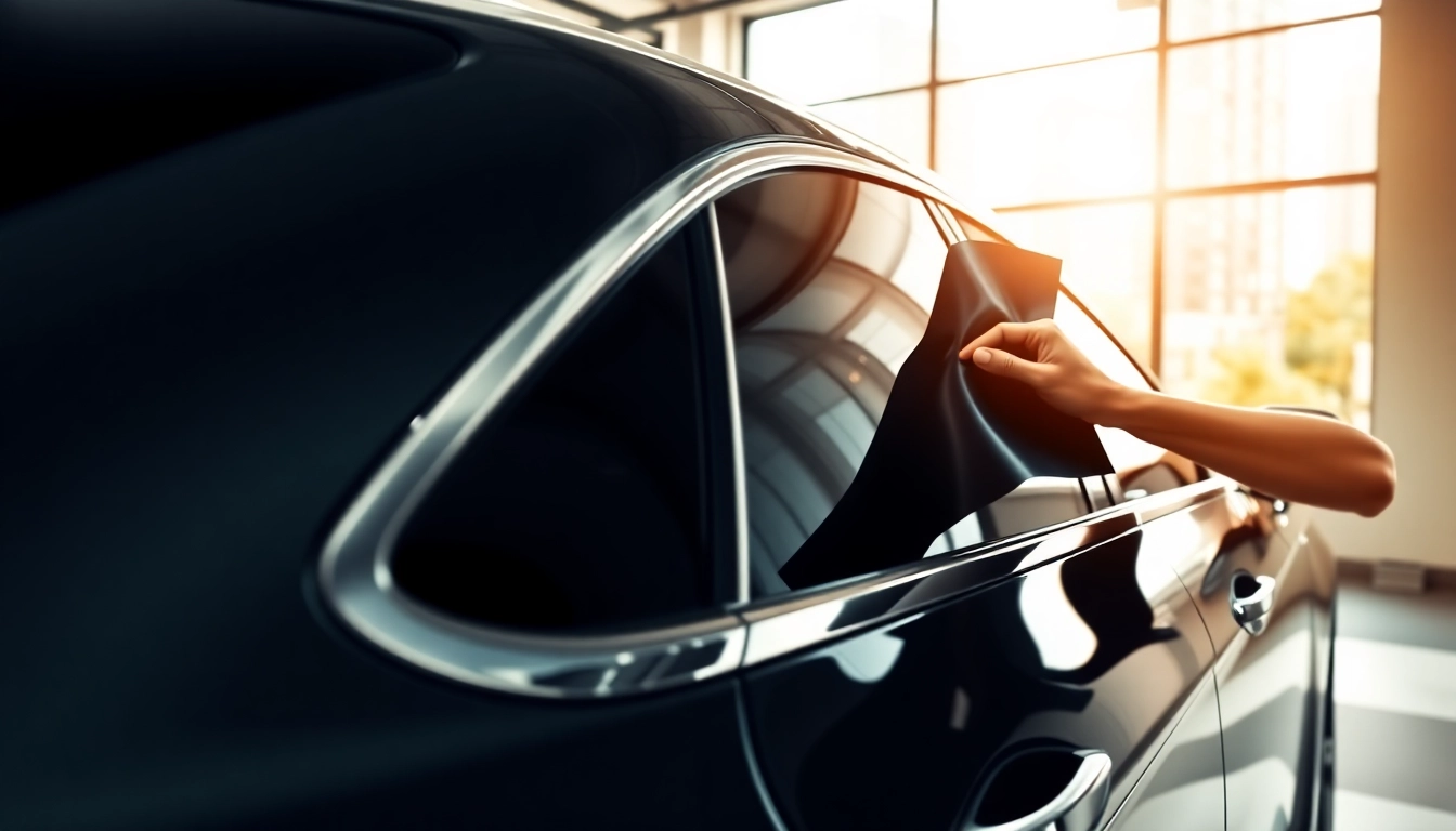 Applying auto window tint near me by a skilled technician in a modern garage.