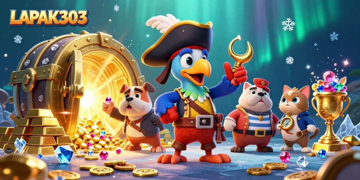 Win with LAPAK303 while surrounded by treasure, jewels, and casino excitement in this dynamic scene.