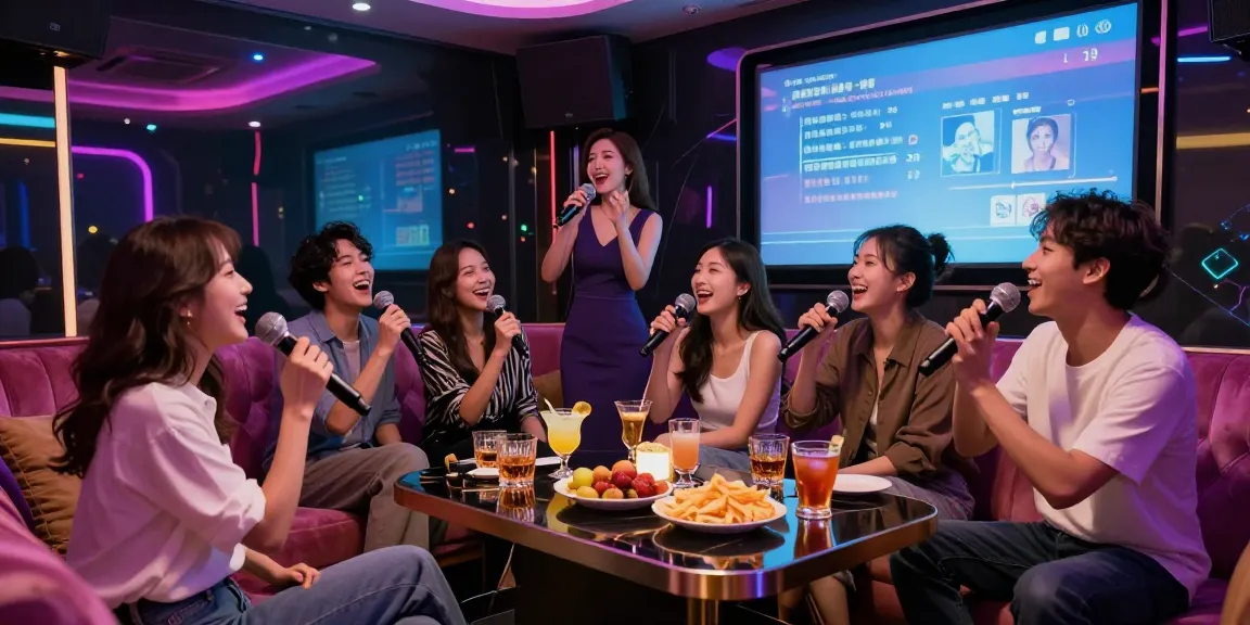 강남 가라오케 룸에서 친구들과 함께 노래를 즐기는 장면, 화려한 조명과 음료가 테이블을 가득 채운 모습