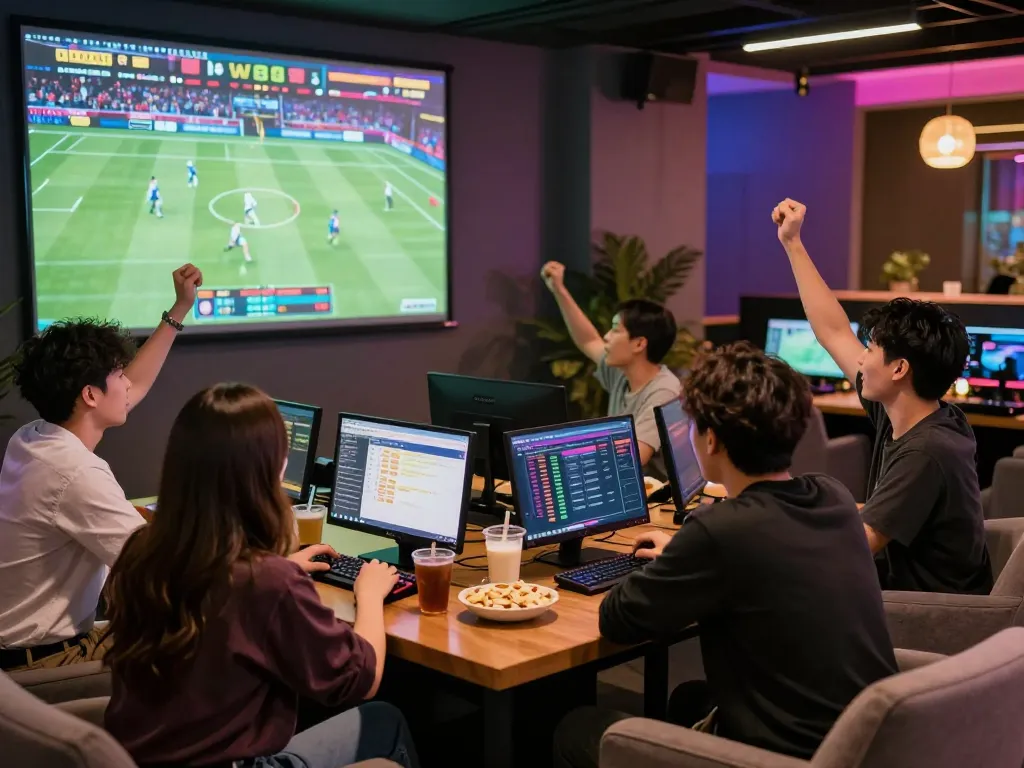 W88 online betting experience with friends enjoying live sports in a vibrant lounge.