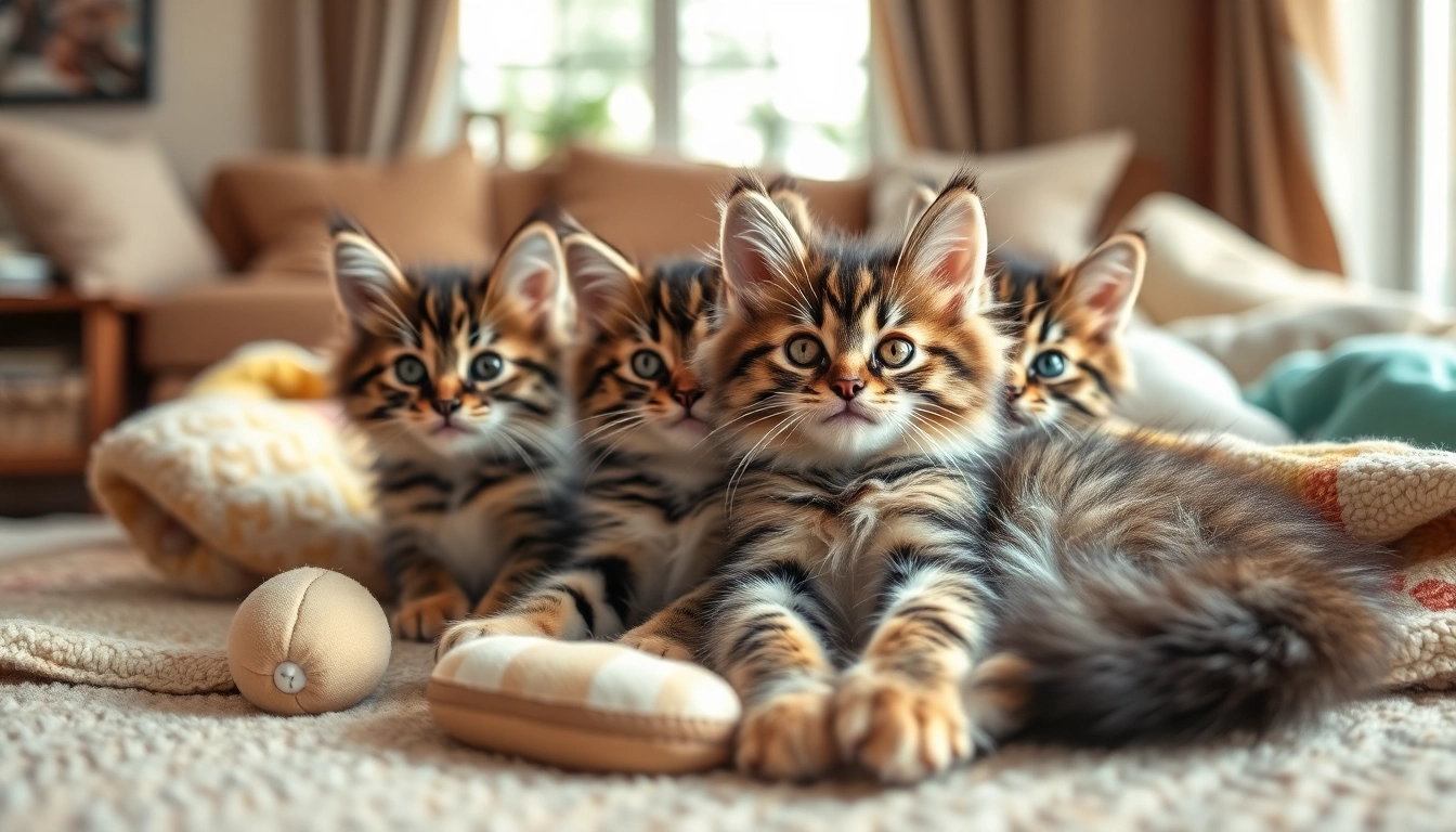 View adorable Maine Coon kittens for sale playing in a cozy environment.