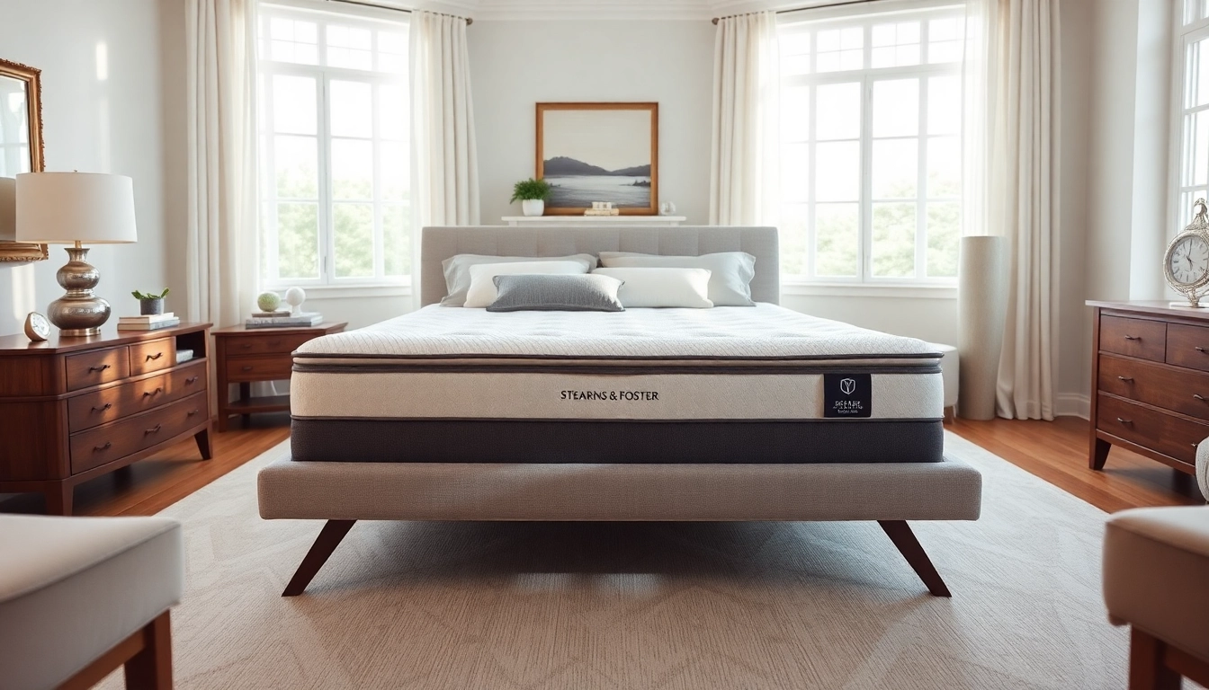 Stearns & Foster Presidents Day Sale bedroom scene with a luxurious mattress display.