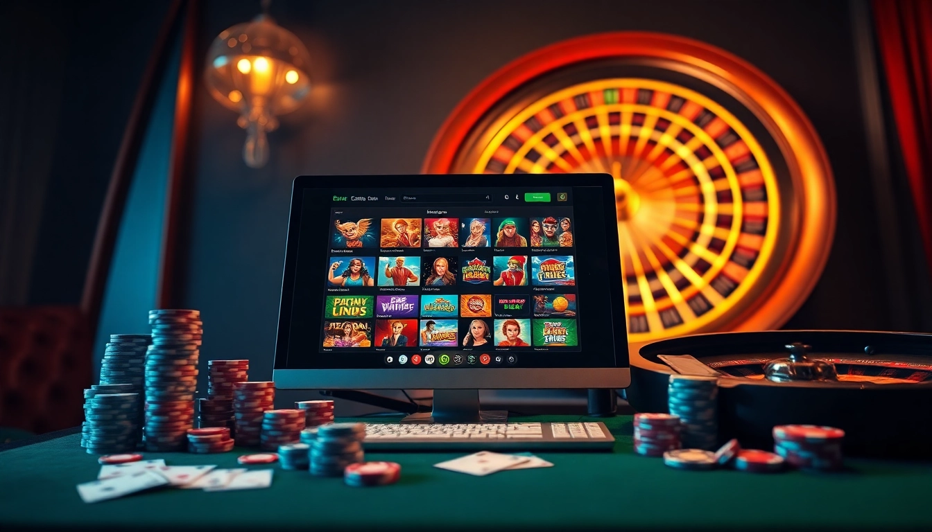 Capturé dans le frisson du casino en ligne avec des jetons de poker et une roue de la roulette.