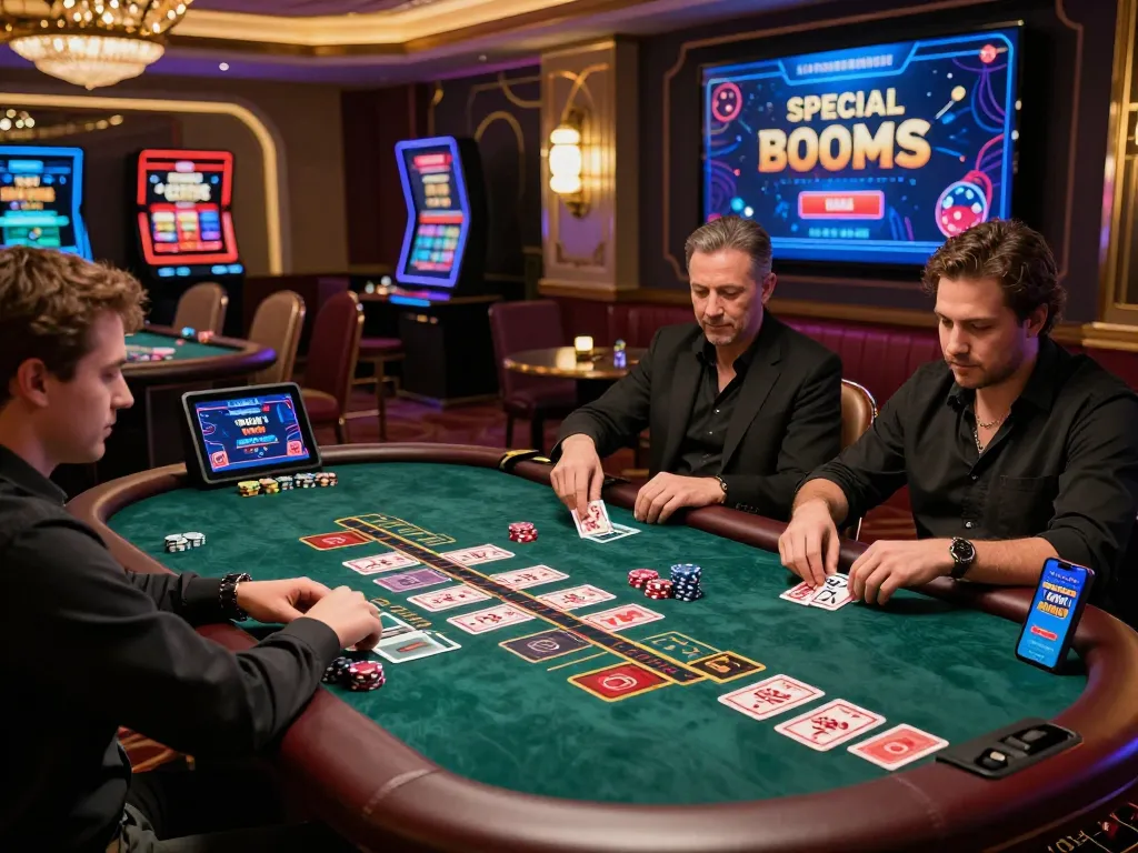 Engaging baccarat table scene in a luxurious online casino, showcasing the thrill of 바카라사이트 gaming with players in action.