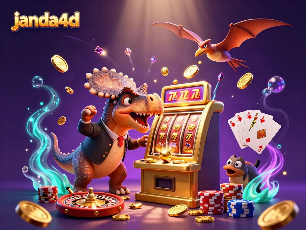JANDA4D menghadirkan ilustrasi kasino dengan karakter prasejarah dan mesin slot emas, memikat pemain dengan jackpot.