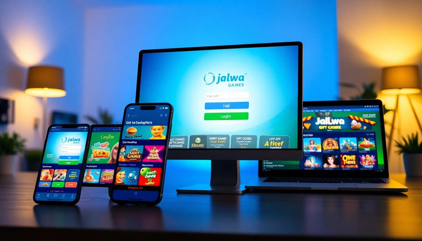 Jalwa login interface displayed on multiple devices highlighting user-friendly features and gift codes.