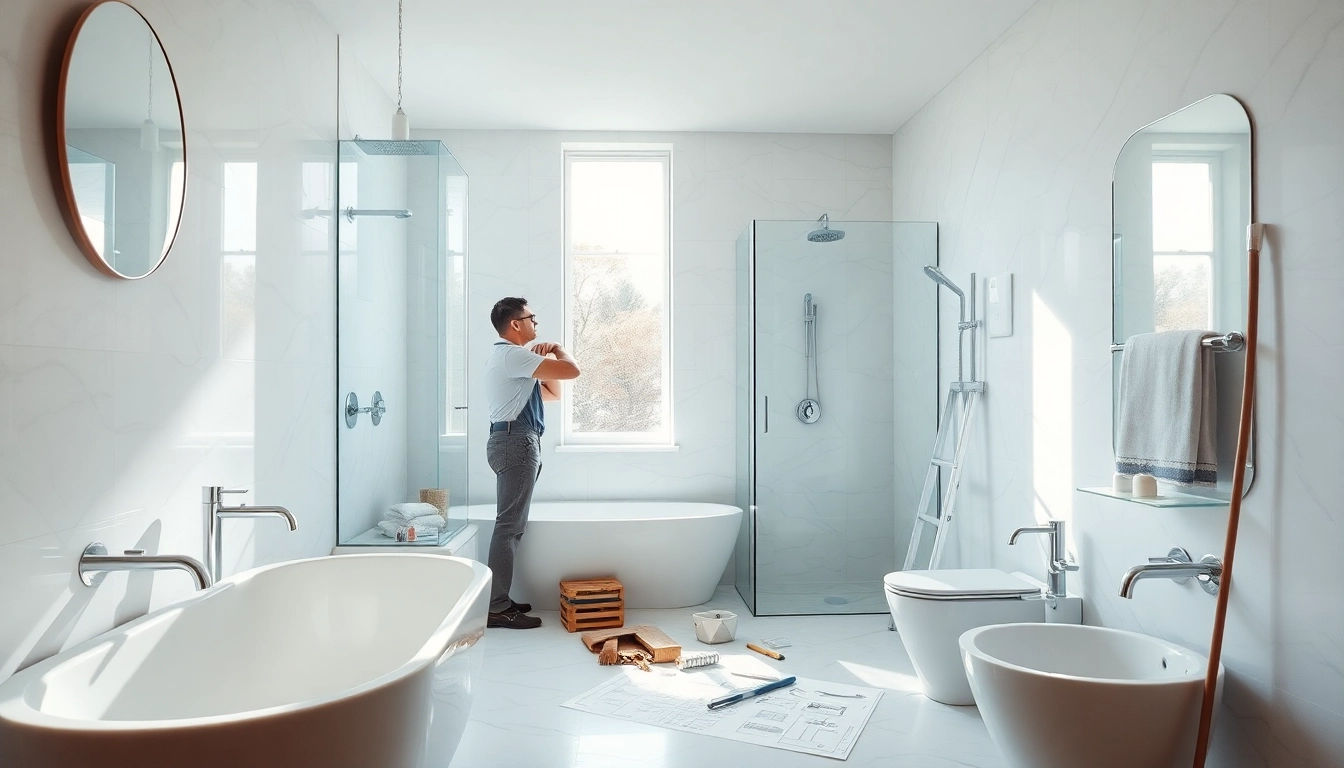 Bathroom contractors near me renovating a stylish bathroom with modern features.