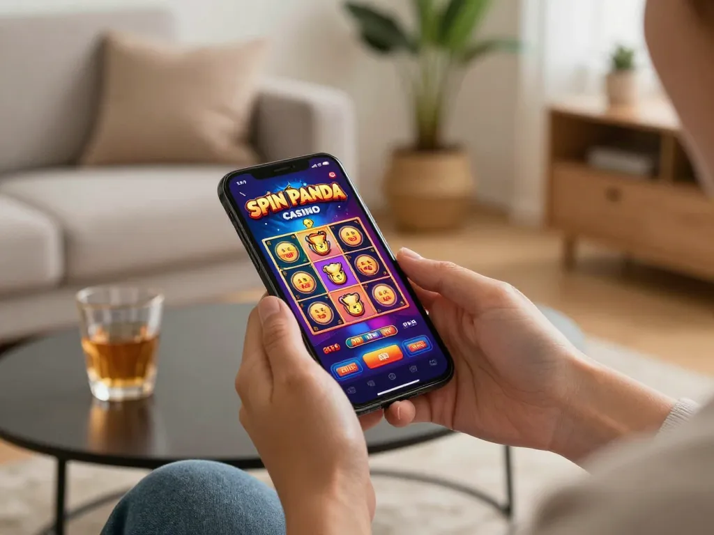 Playing Spin Panda Casino mobile app on a smartphone, enjoying vibrant gaming graphics in a cozy home.