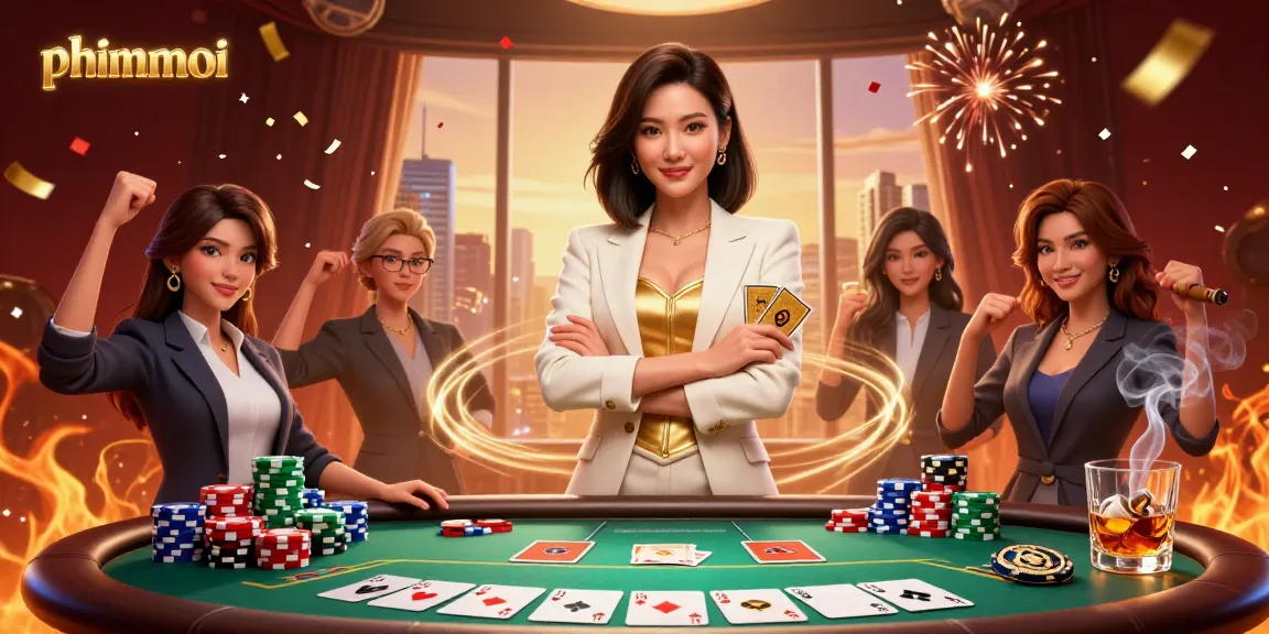 Experience the thrill of 'phimmoi' in this luxurious casino scene featuring an elegant Asian woman and rich gambling elements.