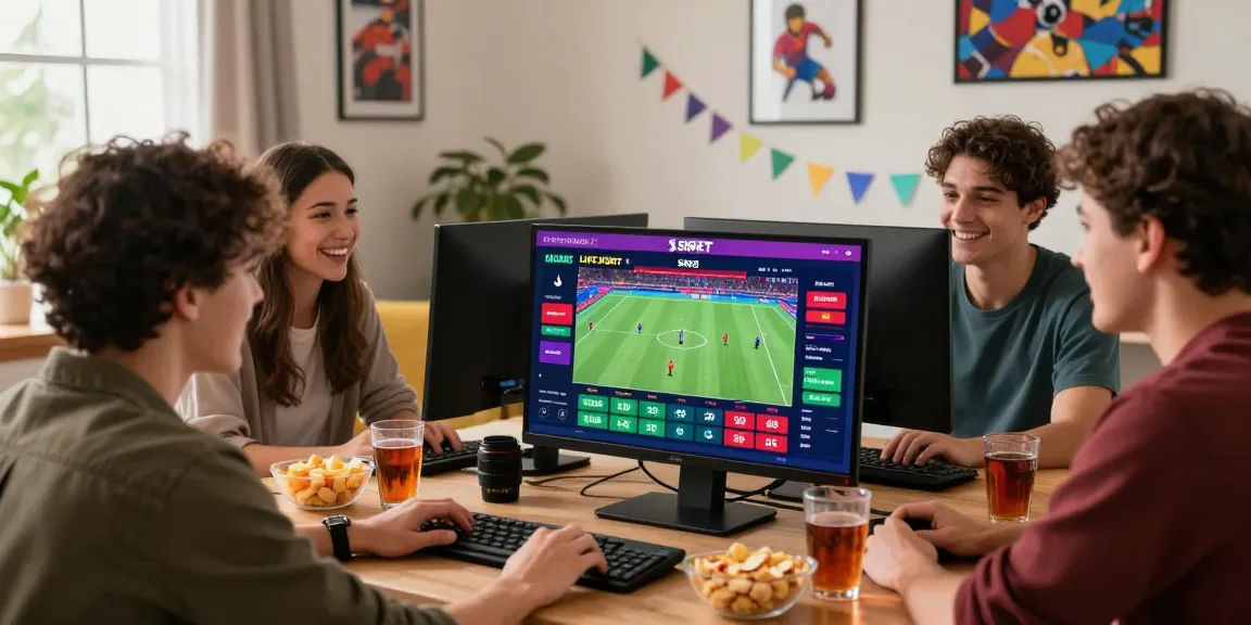 Friends enjoying online sports betting on SHBET in a lively living room, engaging with exciting graphics and vibrant atmosphere.