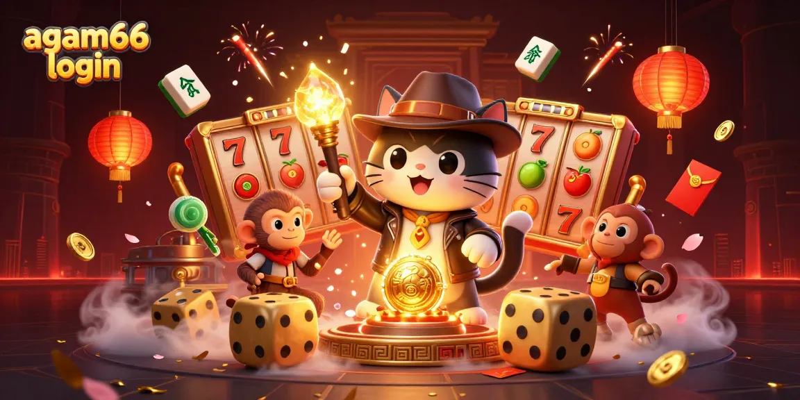 Experience excitement with agb66 login in this vibrant 3D illustration featuring lucky symbols and dynamic characters.