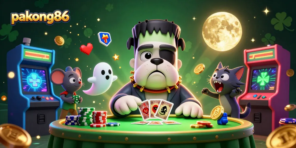 pakong86 engages in thrilling card games amidst vibrant 3D casino elements and characters.