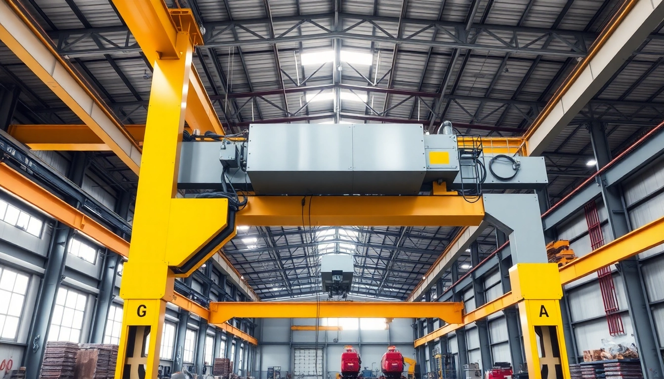 Bridge crane lifting heavy machinery in a modern industrial warehouse setting.