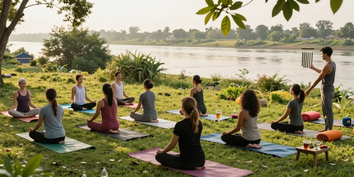 Practitioners engaging in 100 hour yoga teacher training courses outdoors in Rishikesh.