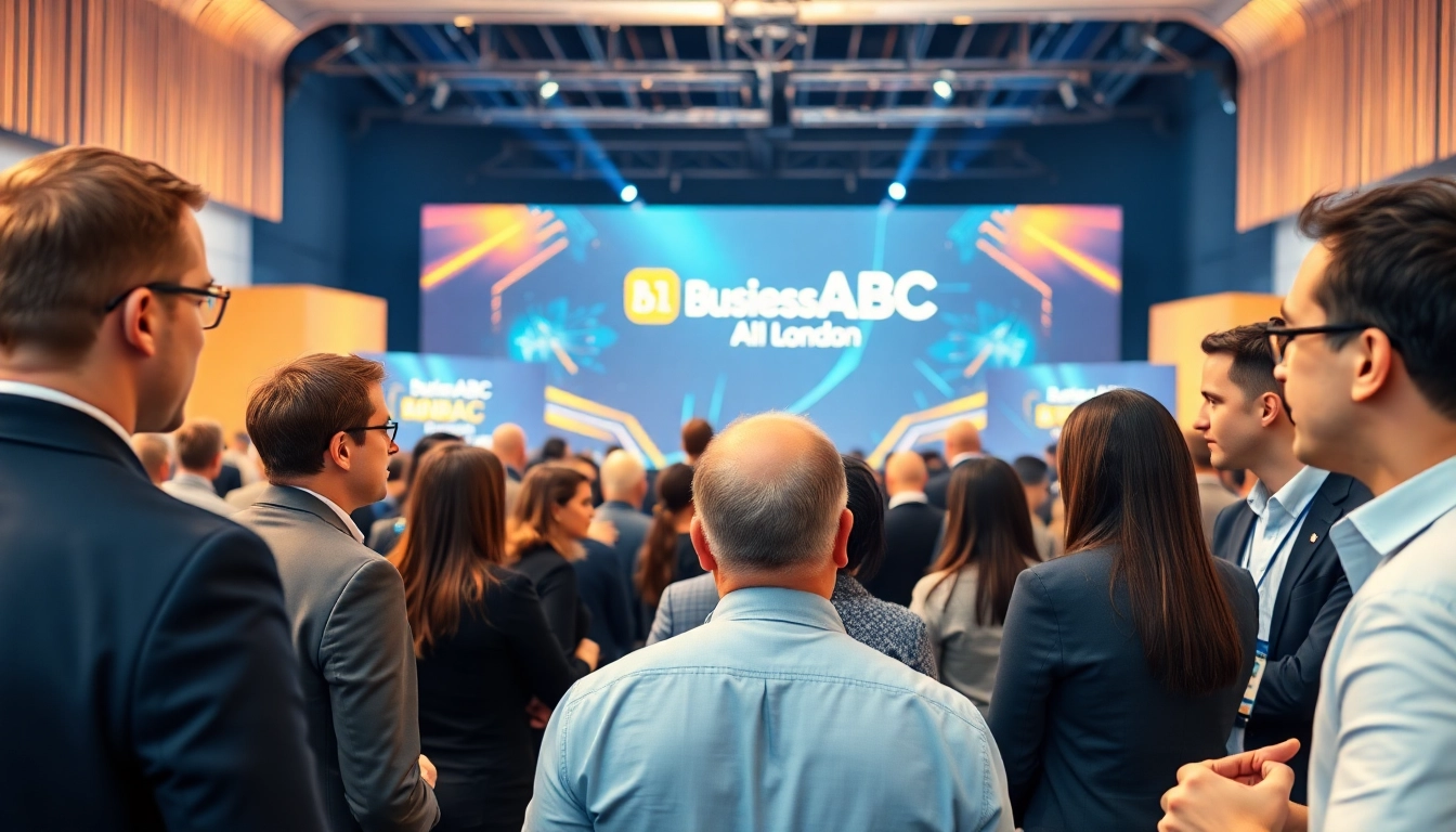 Engaged attendees at the businessabc ai summit london discussing innovative ideas in a modern venue.