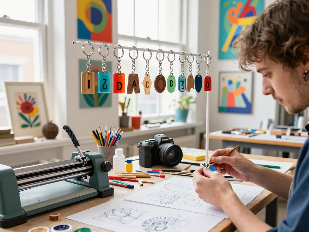 Vibrant artist studio showcasing custom keychains in various designs and materials.