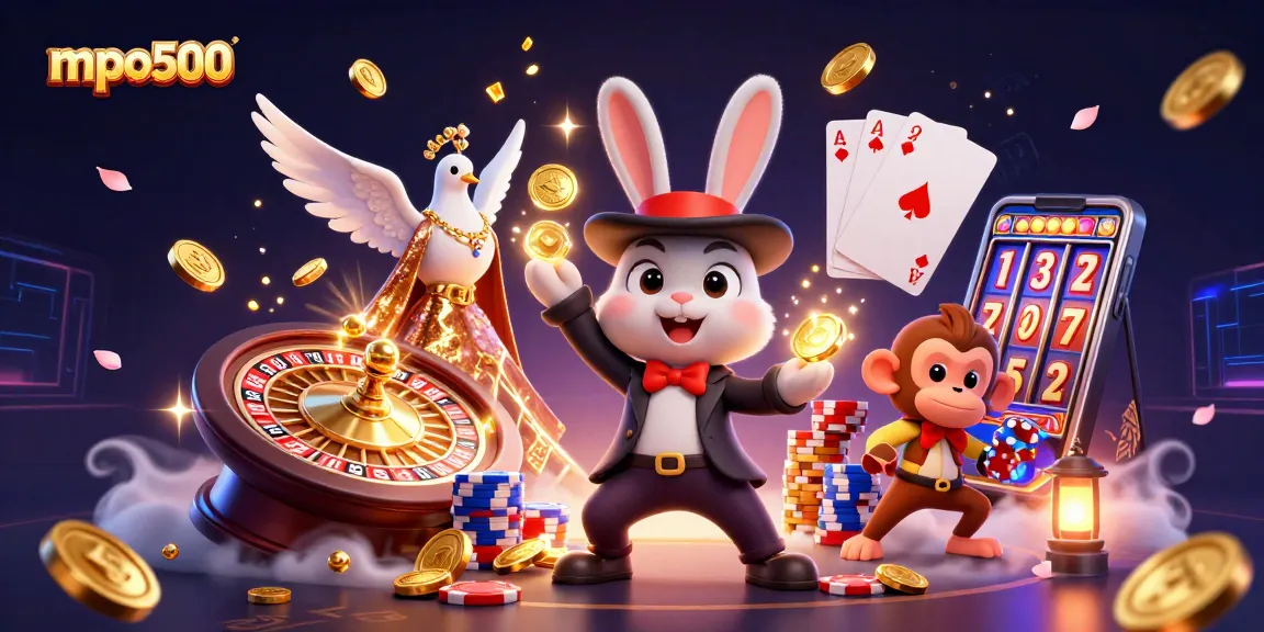 Experience the thrilling magic of mpo500 with a vibrant 3D scene showcasing a rabbit, dove, and monkey in action.