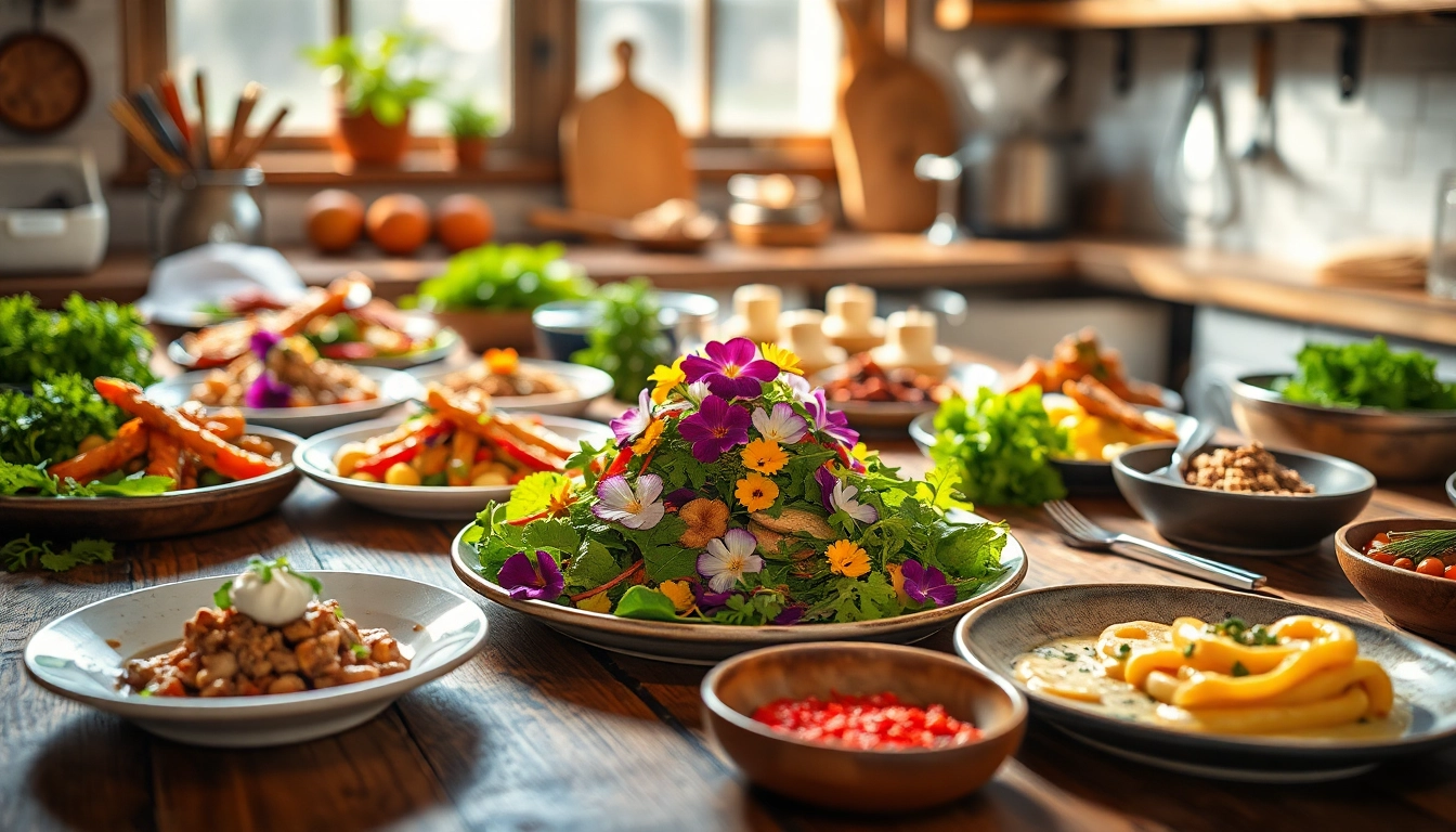 Dishfacts showcases a beautifully arranged salad and fresh herbs on a rustic table.