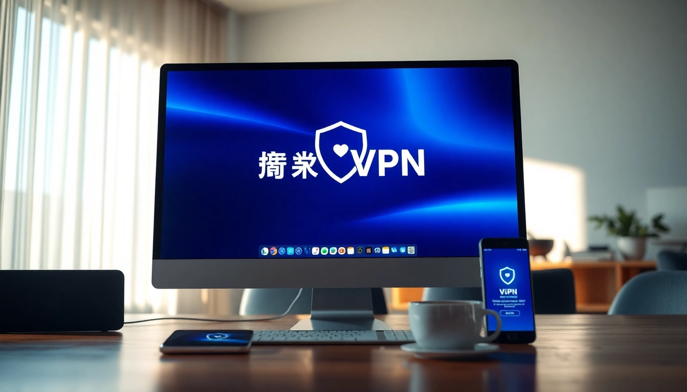 快连VPN interface on a modern workspace computer screen, emphasizing security and efficiency.