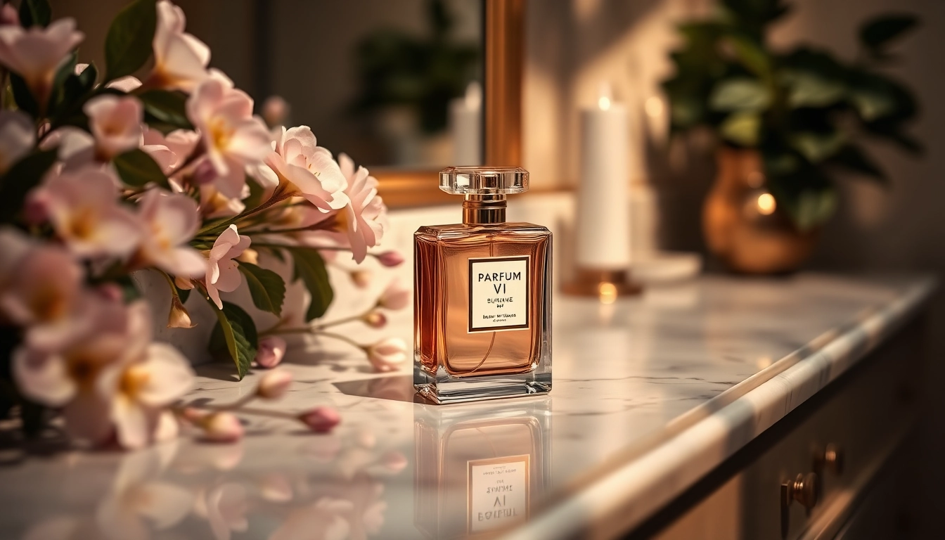 Captivating display of parfum vi by gianni vive sulman bottle with floral accents and warm lighting.