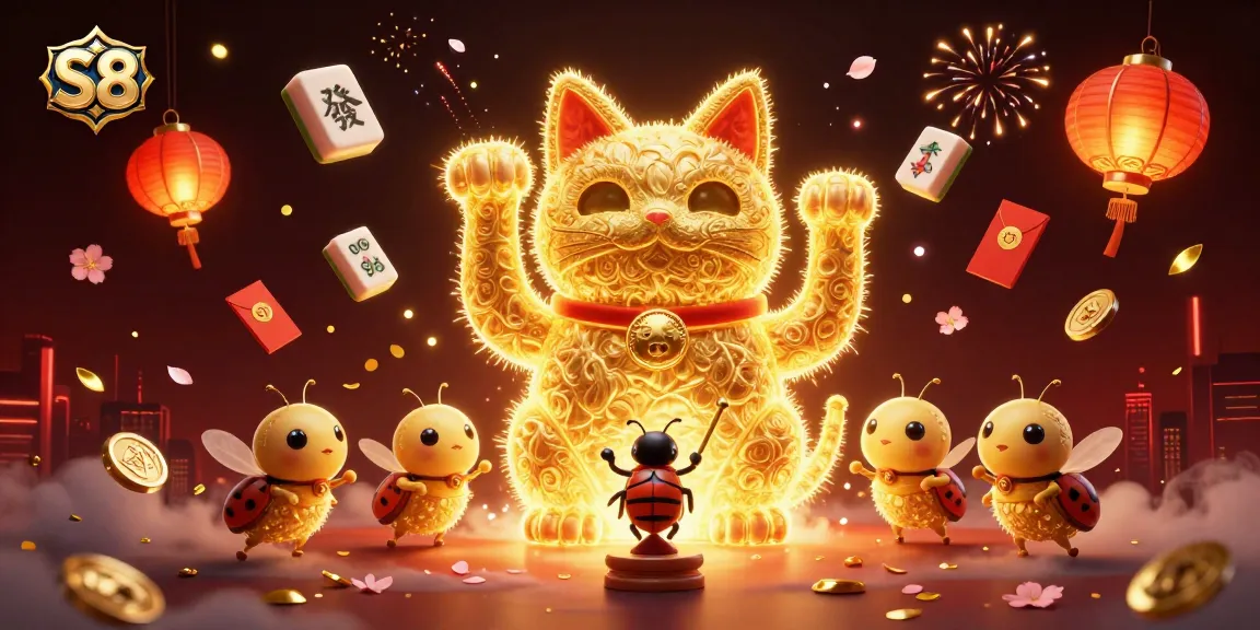 Immerse in S8's vibrant casino world with golden fireflies and lucky symbols.