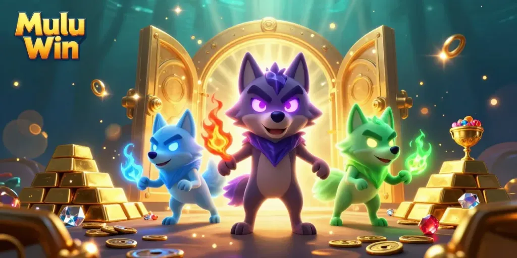 Mulu Win gaming scene featuring glowing wolves and treasure in an immersive casino environment.