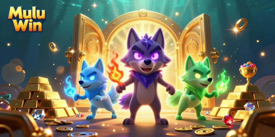 Mulu Win gaming scene featuring glowing wolves and treasure in an immersive casino environment.