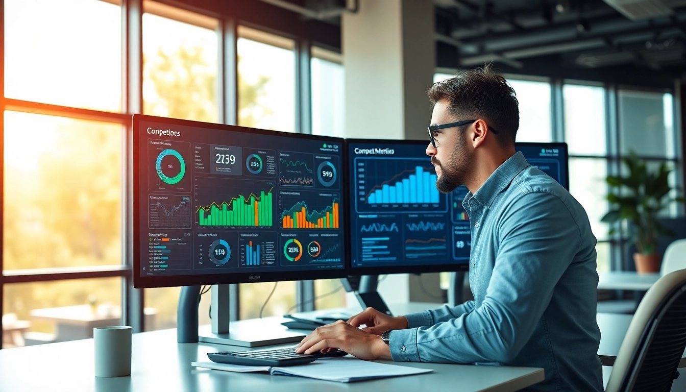 Analyze competitor insights using AI for competitor analysis tools in a modern office.