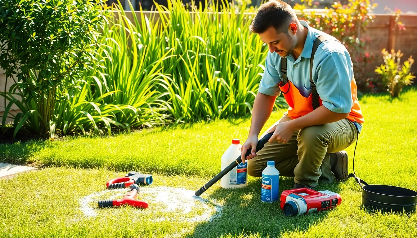 Applying home insect barrier treatment for a pest-free backyard.