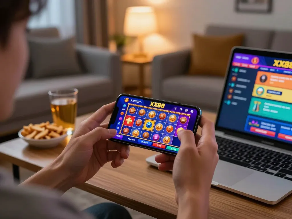 Engage in online slot gaming at XX88 casino from your cozy living room.