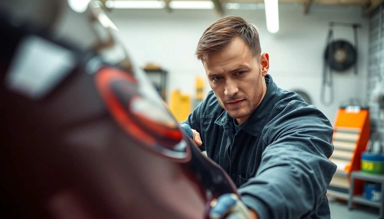 ScuffDoc mechanic performing precise bodywork repair on a vehicle, showcasing workmanship.