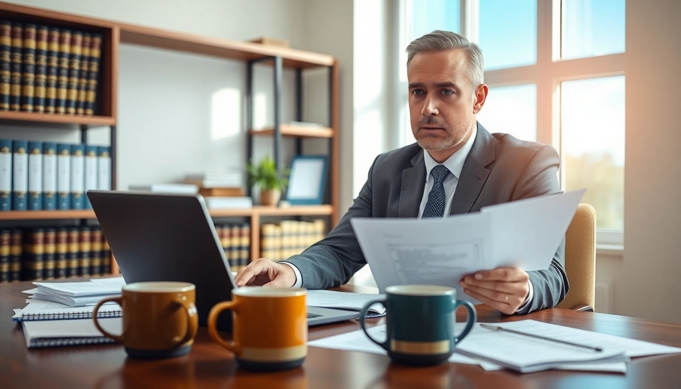 Clearwater truck accident attorney reviewing legal documents in an office.