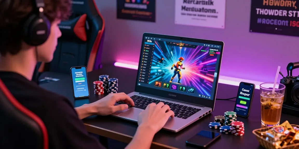 Aviator pro gaming scene showcasing a player engaged in a crash game, laptop graphics, and instant withdrawal notifications.