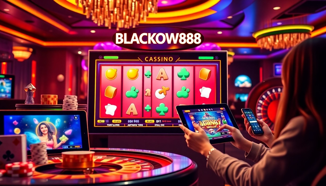 Exciting gameplay on BLACKOWL88's online platform with vibrant slot machines and poker chips.