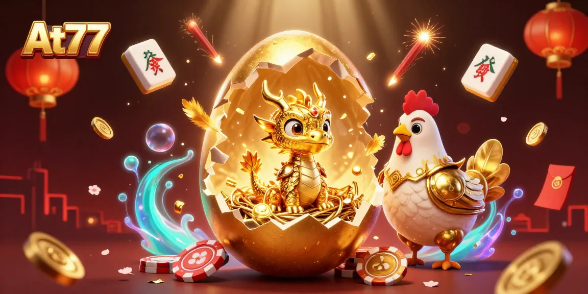 At77 showcases a golden dragon guarding poker chips, embodying vibrant casino excitement.