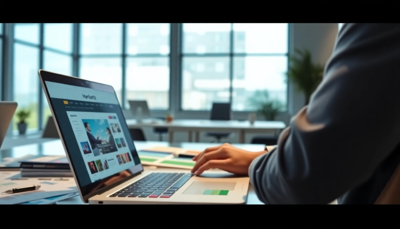 Create an engaging Hereford website design by showcasing a professional designer working in a modern office.