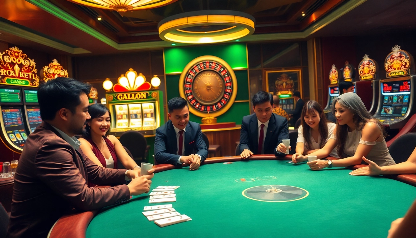 Players engaged in card games at Cổng game B52 in a vibrant casino atmosphere.