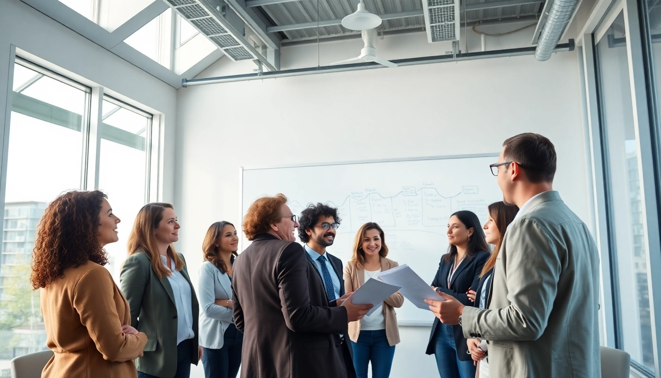 People sharing information in a vibrant conference room, energizing collaboration.