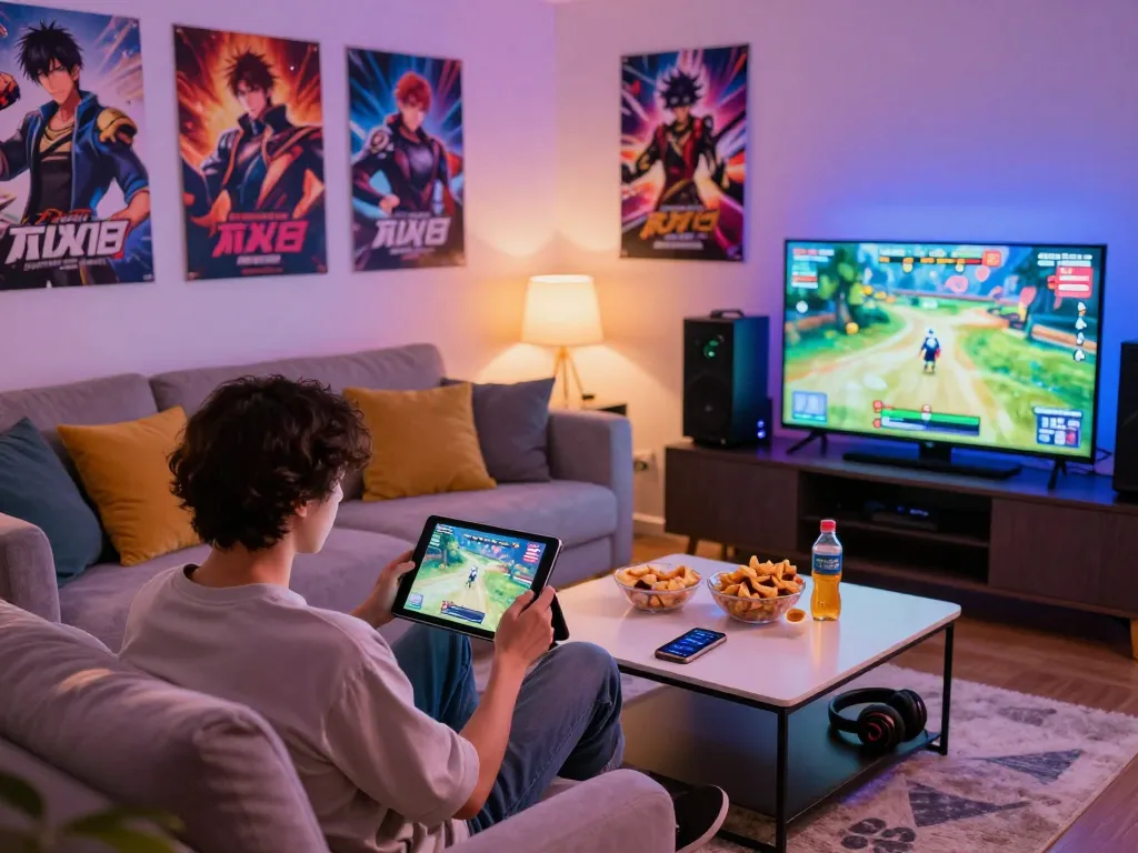 Engaging scene of a player enjoying an xxx game on a tablet in a cozy living room.