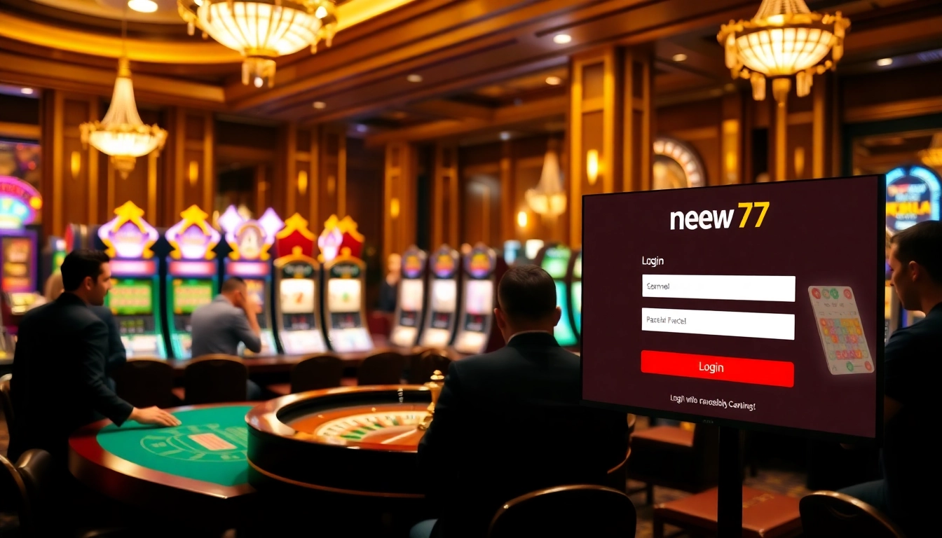 Experience the thrill with new77 login at a luxurious casino setting featuring roulette and slot machines.