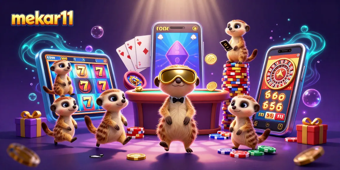 Mekar11 bets big with a lively meerkat casino operation filled with vibrant slot games and colorful chips.