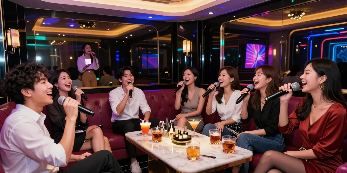 강남가라오케에서 즐거운 분위기 속에 주류와 함께 노래하는 장면
