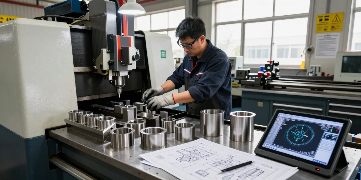 Machined stainless steel parts being created with precision by skilled machinist in industrial workshop.