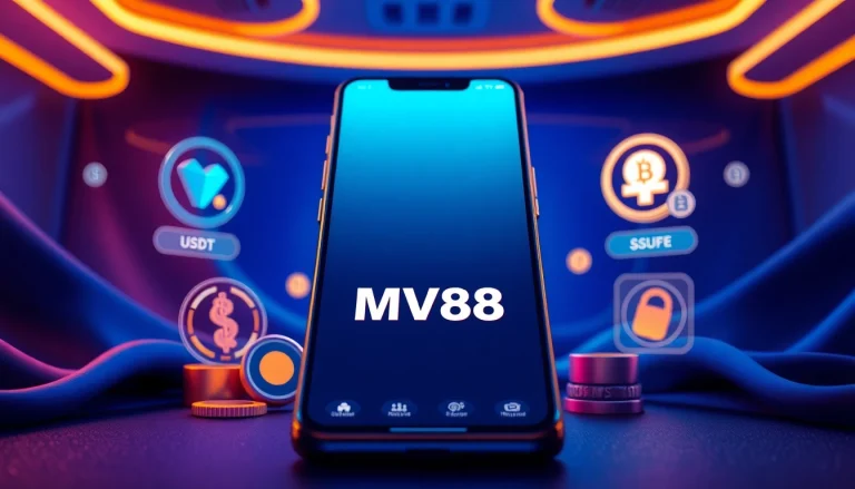 Showcasing MV88 mobile gambling interface, emphasizing secure USDT transactions and 24/7 support.