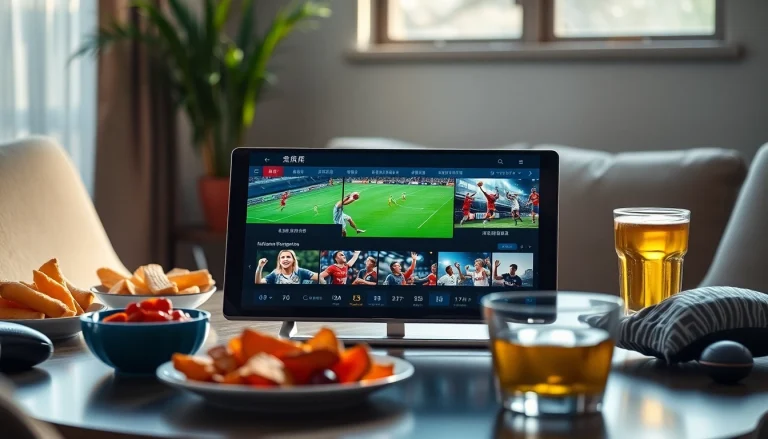 스포츠중계가 표시된 현대적인 기기와 활기찬 스포츠 그래픽