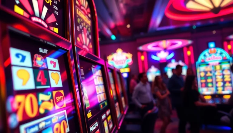 Putar slot menggunakan mesin slot yang berwarna-warni dalam suasana kasino yang energik.