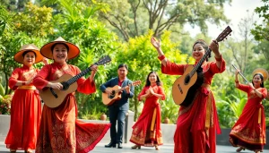 Menampilkan penampil di diantogel dengan kostum tradisional yang meriah dalam pertunjukan budaya.